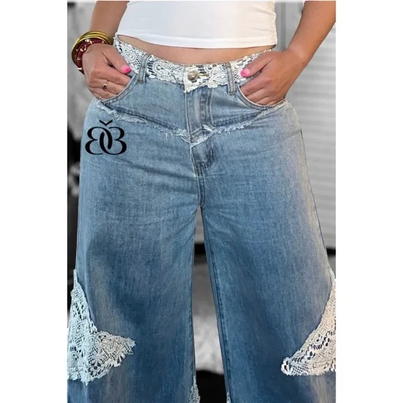 POL Vintage Washed Crochet Patched Straight Wide Leg Slouch Jeans - Picture 9 of 16